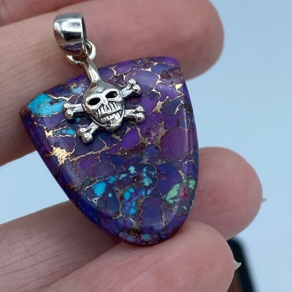 Skull Copper Purple Turquoise Sterling Silver Pendant - Picture 5 of 7